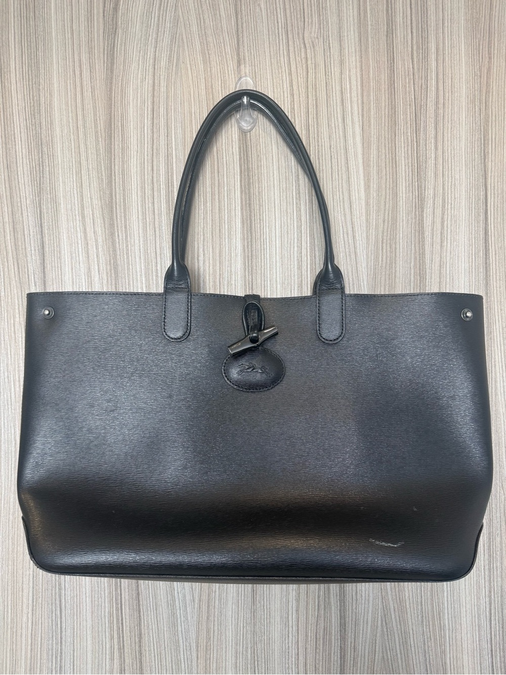 Longchamp Roseau Black Leather Tote Bag – Red Interior
